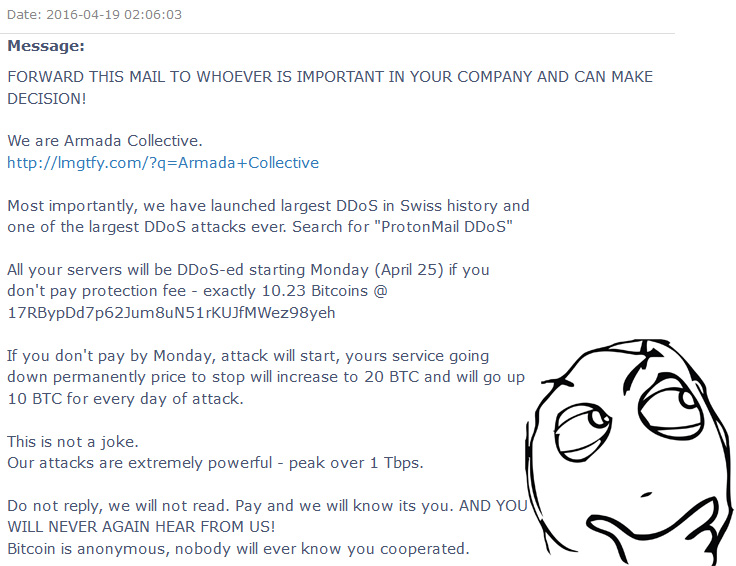 Armada Collective DDoS threats email example armada-collective-ddos-attack